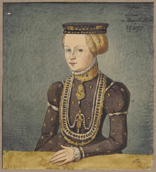 Portrait of Zofia Jagiellon in half-length, after a painting from the workshop of Lucas Cranach the Younger; Lucas Cranach the Younger 1515–1586 — author of the original; Aleksander Lesser 1814–1884 — draughtsman/author; Zofia Jagiellonka 1522–1575, princess; 16th century subject; portrait of a woman; iconography: Zofia Jagiellonka; drawing, watercolor on cardboard; drawing: height 20.9 cm, width 18.7 cm; cardboard: height 35.7 cm, width 25.9 cm., A portrait of a seated woman wearing a dark brown dress with puffed sleeves decorated with small square accents and trimmed with white at the cuffs, a high ornate collar with gold and patterned details, and several layered gold and pearl necklaces with pendants; her hair is covered by a gold-toned headdress and a flat dark band with gold rectangles, and she has a pale face with light skin tones and a neutral expression; her hands rest on a mustard-colored surface in the foreground, and the background is a textured muted green-gray.
