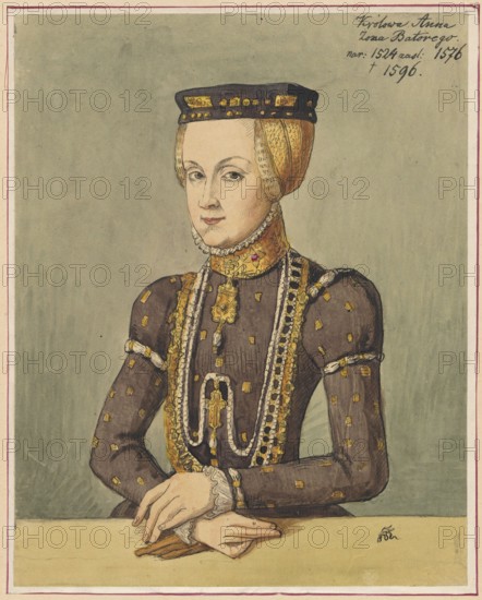 Half-length portrait of Queen Anna Jagiellon from around 1550, after a painting from the workshop of Lucas Cranach the Younger Lucas Cranach the Younger, 1515–1586 — original author attributed; drawing by Aleksander Lesser 1814–1884. Subject: Anna Jagiellon 1523–1596. 16th-century style, portrait / women's portrait. Drawing on tracing paper with the entire surface attached to paper of similar dimensions, glued to another slightly larger paper, which was then glued with the upper edge to cardboard. Date of drawing: circa 1830–1884. Medium: drawing. Dimensions — drawing: height 21.8 cm, width 17.3 cm; support: height 22.5 cm, width 18.0 cm; cardboard: height 35.8 cm, width 26.1 cm., A seated woman is shown from the waist up against a muted green background, wearing a dark dress with small gold square decorations and elaborate gold and white trim down the front and on the sleeves; she has pale skin, light hair styled close to the head and covered by a decorative dark cap with gold accents...