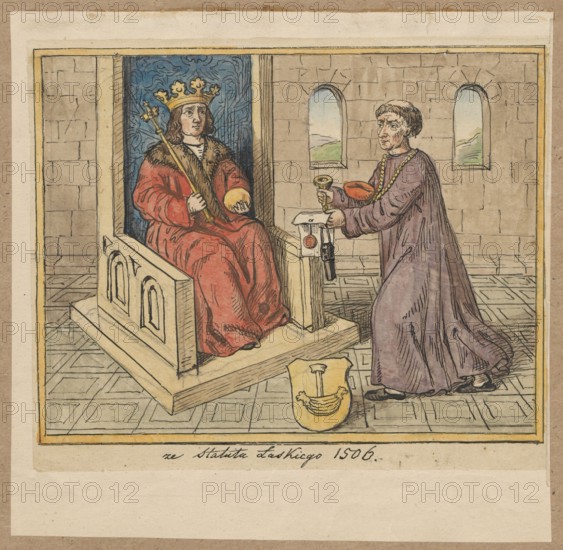 King Alexander Jagiellon on the throne before the approval of the statute, according to Commune inclyti Poloniae Regni Privilegium the so-called Statute of Laski, Jan Laski, published in Kraków 1506. Jan Haller 1467–1525 printer of the original; Aleksander Lesser 1814–1884 draughtsman/author. Inscription: Commune Regni Poloniae privilegium...; subject: Alexander I Jagiellon King of Poland; 1461–1506 — iconography, 16th century statutes. Medium: drawing on tracing paper glued over paper of similar dimensions, which is glued by the upper edge to cardboard; tracing, watercolor. Date range: 1830–1884. Dimensions: drawing height 13.9 cm, width 16.7 cm; pad height 17.1 cm, width 17.5 cm; cardboard height 35.3 cm, width 24.8 cm., A seated figure wearing a gold crown and a red robe trimmed with brown fur holds a gold scepter and a round gold object while sitting on a pale throne with carved panels against a blue patterned backdrop; a standing figure in a long purple robe and a gold necklace ho...