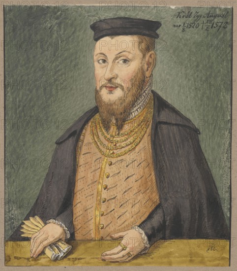Half-length portrait of King Sigismund II Augustus, after a painting by Lucas Cranach the Younger Lucas Cranach the Younger, 1515–1586, author of the original. Drawing on tracing paper glued over paper of similar dimensions, with the upper edge glued to cardboard; watercolor and drawing. 19th century circa 1830–1884. Subject: Sigismund II Augustus King of Poland, 1520–1572 — iconography, male portrait, portrait of a ruler. Media: drawing, watercolor. Dimensions: plate/card — height 20.7 cm, width 17.9 cm; mounted on cardboard — height 35.8 cm, width 25.8 cm. Maker copy/draughtsman: Aleksander Lesser 1814–1884., A painted portrait of a man shown from the waist up wearing a dark cap and a dark cloak over a tan patterned vest; he has a short brown beard and mustache, light skin, and light-colored eyes with a neutral expression. He wears several layered gold necklaces and a high, ruffled collar, and his hands rest on a flat surface with one hand holding a folded fan and the other showing t...
