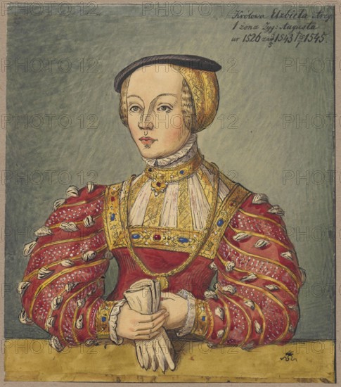 Portrait of Queen Elizabeth of Austria, after a painting by Lucas Cranach the Younger; co-author Lucas Cranach the Younger 1515–1586; younger painter, draughtsman Alexander Lesser 1814–1884 author. Subject: Elizabeth of Austria Queen of Poland; 1526–1545. 16th century Polish portrait in the style of German painting; portrait of a woman. Medium and support: drawing on tracing paper glued over paper of similar dimensions, which is glued by the upper edge to cardboard; watercolor. Date: 1830–1884. Dimensions: card: height 20.8 cm, width 18.2 cm; cardboard: height 35.6 cm, width 25.9 cm., A portrait of a person shown from the waist up against a muted green background, wearing a richly decorated outfit with a red bodice and large puffed red sleeves adorned with white tufted details and gold trim, a high ornate gold collar with blue and red gem-like decorations, and a patterned gold head covering topped by a small dark cap; the person has a pale complexion, light brown hair visible at the te...