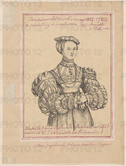 Oval portrait of Queen Elizabeth of Habsburg, after a miniature in the portfolio of Sigismund II Augustus; draughtsman: Alexander Lesser 1814–1884; subject: Elizabeth of Habsburg Queen of Poland, 1526–1545; iconography: queens, personages, women's portrait; copy of a 16th-century miniature; Emilian Lesser 1848–1912 associated; medium: drawing on tracing paper glued across its entire surface to paper of similar dimensions, glued with its edges to a support, which is glued with its upper edge to cardboard; date range: 1830–1884; type: drawing, tracing; dimensions: drawing 13.8 × 9.8 cm; card 14.7 × 10.7 cm; support 18.4 × 13.8 cm; cardboard 34.8 × 25.1 cm., A monochrome ink drawing of a woman shown from the waist up wearing an ornate historical dress with very large puffed sleeves decorated with patterned motifs; she has a high, decorated collar and layered bodice with visible necklaces or chains, and her hands are clasped together at waist level. Her head is covered by a fitted cap with...