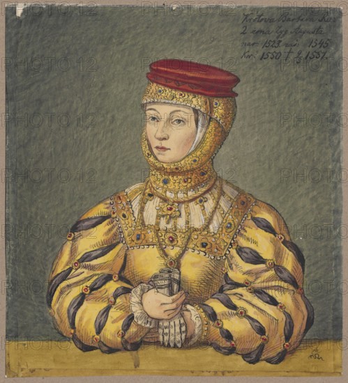Portrait of Queen Barbara Radziwillówna, after a painting by Lucas Cranach the Younger; draughtsman Aleksander Lesser 1814–1884 author, Lucas Cranach the Younger 1515–1586 co-author. Subject: Barbara Radziwillówna Queen of Poland; 1520–1551 — iconography of Poland, queens, personages, portraits, women's portraits, 16th century. Medium and support: drawing, watercolor; tracing paper glued across its entire surface to paper of similar dimensions, which is glued by the upper edge to cardboard. Date: 1830–1884. Dimensions: card: 20.7 × 18.7 cm; cardboard: 35.8 × 25.8 cm., A painted portrait of a woman shown from the torso up against a muted gray-green background, wearing an ornate golden headdress that covers her neck and frames her face and topped with a flat red cap; her face is pale with light brown hair peeking at the temples and a neutral expression. She wears a richly decorated golden garment with puffed sleeves featuring dark blue or black slashes and small red jewel-like accents, a...