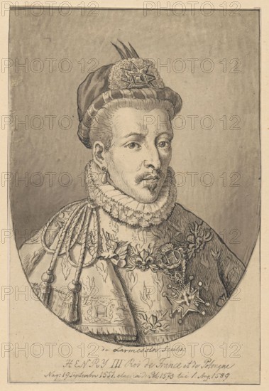 Portrait of King Henry of Valois, bust, after an engraving by Nicolas Larmessin, from Les augustes représentations de tous les rois de France... 1690. Drawing on tracing paper glued across its entire surface onto paper of similar dimensions, which is glued with its upper edge onto cardboard. 19th century circa 1830–1884. Materials: tracing paper, paper, cardboard. Subject: Henryk Walezy Henry of Valois; 1551–1589, male portrait, portrait of a ruler. Dimensions: drawing/card — height 18.3 cm, width 12.4 cm; cardboard — height 35.7 cm, width 26.1 cm. Makers: after Nicolas de Larmessin 1632–1694., A drawn portrait of a man shown from the chest up wearing a hat with decorative elements and a ruffled collar, his face rendered with fine lines and a short mustache and goatee, a visible earring in one ear; he wears an ornate garment with braided cords, tassels, floral and star-shaped decorations, and a chain across his chest, the background is plain. Colors visible include shades of gray, beig...