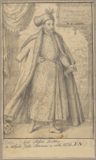 Portrait of King Stefan Batory in noble attire, after an engraving by Jost Amman from 1576; original author Jost Amman 1539–1591, copyist Aleksander Lesser 1814–1884. Drawing on tracing paper glued across its entire surface to paper of similar dimensions, which is glued with its upper edge to cardboard. Medium: drawing, tracing. Date: 1830–1884. Subject: Stefan Batory King of Poland; 1533–1586 — portrait of a ruler, male portrait, copies from engravings. Dimensions: drawing 20.1 × 13.7 cm; support 23.1 × 13.7 cm; cardboard 35.8 × 25.7 cm., A full-length pencil drawing of a man standing indoors, wearing a long patterned robe and a long fur-trimmed cloak, with a tall fur hat topped by a plume; he has a mustache and beard and a serious facial expression, one hand resting on his waist and the other holding a curved sword or scabbard at his side. The scene shows drapery and a column on the left and an ornamental frame or architectural detail on the right, with a distant landscape visible th...