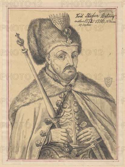 Portrait of King Stefan Batory with a scepter in his hand; draughtsman: Aleksander Lesser 1814–1884; subject: Stefan Batory King of Poland, 1533–1586 — iconography: kings, personages, portraits, male portraits, portraits of rulers; style/medium: drawing, tracing; support: tracing paper glued across its entire surface to paper of similar dimensions, which is glued with its upper edge to cardboard; dimensions — drawing tracing height 17.6 cm, width 12.8 cm; support height 19.4 cm, width 13.3 cm; cardboard height 34.8 cm, width 25.3 cm; date: 1830–1884; place of creation: unknown., A portrait drawing of a man wearing a tall fur hat with a decorative plume and an ornament at the front, dressed in a fur-lined cloak and richly detailed garment, holding a long staff with an ornate top in one hand and resting the other hand near his waist on a belt or sword hilt; the face shows a mustache and beard and a contemplative expression; the image is rendered in shades of gray, black, beige, and brown...
