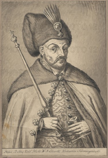 Portrait of King Stefan Batory, Stefan Batory King of Poland; 1533–1586 — iconography; kings; male portrait; 16th century; portrait of a ruler. Maker: Lesser, Alexander 1814–1884 draughtsman. Medium: drawing on tracing paper glued across the entire surface onto paper of similar dimensions, which is glued with the upper edge onto cardboard. Date: 1830–1884. Type: drawing, tracing. Dimensions: drawing — height 29.0 cm, width 20.6 cm; base — height 30.4 cm, width 20.6 cm; cardboard — height 35.7 cm, width 25.6 cm. Unknown place of origin., A black-and-white portrait drawing of a man shown from the waist up wearing a tall fur hat adorned with a decorative brooch and a plume, a fur-trimmed cloak over patterned clothing, and holding a long ornamental staff in one hand while the other hand rests near a cylindrical object at his waist, with visible facial hair, expressive eyes, and a solemn expression, all rendered with shading and line work on a light gray background.