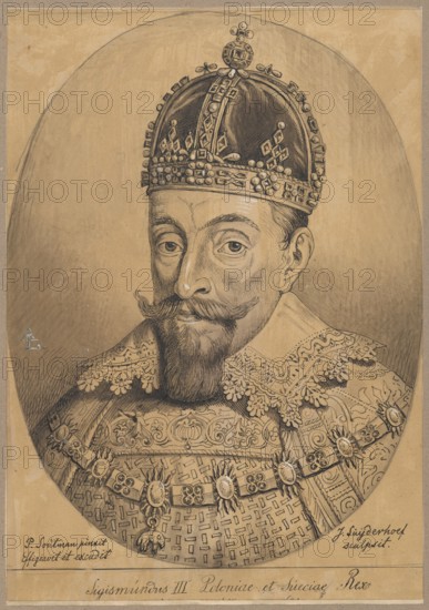 Oval portrait of King Sigismund III Vasa, after the engraving Sigismundus III Poloniae et Sueciae Rex Serenissimus et Potentissimus by Pieter Soutman and Jonas Suyderhoef. Jonas Suyderhoef ca. 1613–1686, engraver co-author of the original; Pieter Claesz. Soutman ca. 1580–1657, draughtsman co-creator of the original; Aleksander Lesser 1814–1884, draughtsman/author. Subject: Sigismund III Vasa 1566–1632 — iconography, male portrait, portrait of a ruler; copy from an engraving. Medium and support: drawing on tracing paper glued across its entire surface onto a cardboard of similar dimensions, glued onto a slightly larger cardboard, which is glued with its upper edge onto another cardboard. Date: 1830–1884. Technique/type: drawing, tracing. Dimensions: drawing/tracing height 28.1 cm, width 19.7 cm; support height 28.3 cm, width 19.7 cm; cardboard height 35.7 cm, width 25.8 cm., A sepia-toned portrait of a man shown from the chest up wearing an ornate crown and richly decorated ceremonial g...
