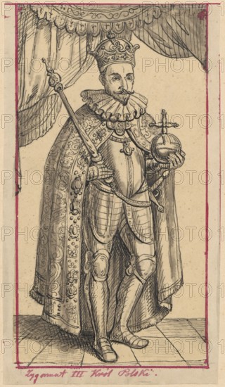 Portrait of King Sigismund III Vasa in a crown, mantle and with royal insignia; drawn by Aleksander Lesser 1814–1884. Depicts Sigismund III Vasa King of Poland; 1566–1632 — iconography: kings, portraits of rulers, male portrait. Drawing on tracing paper, glued with the entire surface to paper of similar dimensions, which is glued by the upper edge to cardboard. Dated 1830–1884. Drawing tracing: height 16.1 cm, width 8.6 cm; support: height 16.8 cm, width 9.4 cm; cardboard: height 35.8 cm, width 25.9 cm., A standing figure dressed in ornate royal garments and armor is shown in a tall portrait orientation. The figure wears a decorated crown and a ruffled collar, and a long patterned cloak drapes over the shoulders down to the floor. The figure holds a long scepter in one hand and a round orb with a cross in the other. The armor includes a breastplate, gauntlets, thigh and knee guards, and greaves, with visible decorative detailing. The face has a moustache and goatee, and the head is til...