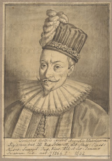 Portrait of King Sigismund III Vasa, after an engraving by Dominicus Custos from volume I of Atrium heroicum Caesarum, regum, aliorunque Summatum ac Principium, qui intra proximum seculum vixere aut hodie supersunt Imaginibus LXII ilustratum, published in Augsburg 1600–1602; after original by Dominicus Custos post 1550–1612. Drawing on tracing paper glued across the entire surface to paper of similar dimensions, which is glued with the upper edge to cardboard. Pen/ink tracing copy; drawing dated ca. 1830–1884. Materials and support: tracing paper on paper and cardboard. Dimensions: drawing/tracing sheet height 18.8 cm, width 13.1 cm; cardboard height 35.7 cm, width 25.8 cm. Subject: Sigismund III Vasa King of Poland, 1566–1632 — male portrait, portrait of a ruler; copy after an engraving; German graphic source., A monochrome portrait of a man shown from the chest up wearing an ornate tall hat decorated with a band of floral ornaments and a fluffy plume, a layered ruff collar with visib...