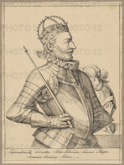 Portrait of King Sigismund III Vasa in Armour in Profile, by Alexander Lesser 1814–1884. Subject: Sigismund III Vasa King of Poland; 1566–1632, male portrait of a ruler in profile. Medium: drawing on tracing paper glued over paper of similar dimensions, the upper edge of which is glued to cardboard. Date: 1830–1884. Dimensions: drawing 23.5 × 17.7 cm; support 23.8 × 17.7 cm; cardboard 35.7 × 25.7 cm., A drawn portrait of a man in profile wearing a detailed crown and ornate armor, holding a long slender staff; he has a mustache and beard and a ruffled collar around his neck, and his helmet with decorative plumes rests behind his shoulder. The image is primarily in shades of beige, tan, brown, and black with inked linework and shading on a light beige background.