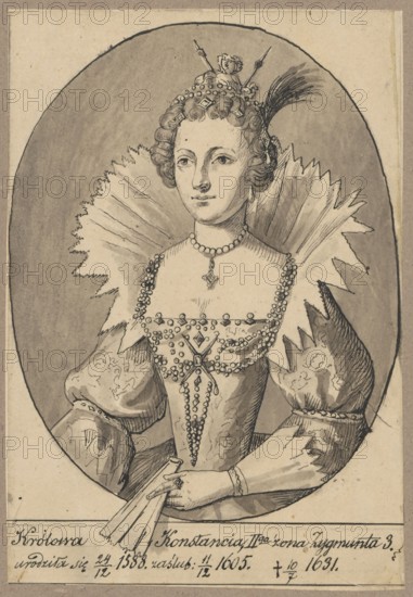 Oval portrait of Queen Constance of Habsburg, after an engraving, Lesser, Alexander 1814-1884 draughtsman/author; Constance of Habsburg Queen of Poland and Sweden; 1588–1631 - iconography; queens; Poland; Habsburgs family; personages; portraits; women's portraits; Lesser, Emilian 1848–1912; Lesser, Wiktor Stanislaw Sigismund baron; 1853–1935; Polish personalities. Drawing on tracing paper glued across its entire surface to paper of similar dimensions, which is glued with its upper edge to cardboard. Date: 1830–1884. Medium/type: drawing, tracing. Dimensions: card height 15.2 cm, width 10.4 cm; cardboard height 35.8 cm, width 25.8 cm., A monochrome ink portrait of a woman shown from the waist up inside an oval frame, wearing an ornate dress with puffed sleeves and a high, starched ruff collar; she has curled hair arranged under a small jeweled crown or headpiece with a feather, a beaded necklace and dangling pendant, and a decorative bodice with strands of beads and ornamental details; ...