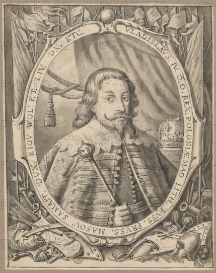 Oval portrait of King Wladyslaw IV Vasa, after an engraving, Aleksander Lesser 1814–1884 draughtsman/author; graphic art; English graphic art; Wladyslaw IV Vasa King of Poland; 1595–1648 — iconography; copies from engravings; portraits, male portraits, portraits of rulers; 17th century; Emilian Lesser 1848–1912; drawing on tracing paper glued across its entire surface to paper of similar dimensions, which is glued with its upper edge to cardboard; 1830–1884; drawing, tracing; card: height 24.3 cm, width 19.1 cm; cardboard: height 35.7 cm, width 25.8 cm., A monochrome portrait drawing shows a man with shoulder-length wavy hair, a mustache, and a pointed beard, wearing an ornate military-style coat with decorative braiding and buttons; he holds a scepter-like staff in one hand. He is framed by an oval cartouche with ornamental scrollwork, tasseled drapery, and flags behind him. Surrounding the lower edge of the frame are a group of armor pieces and weapons, including a helmet, gauntlets,...