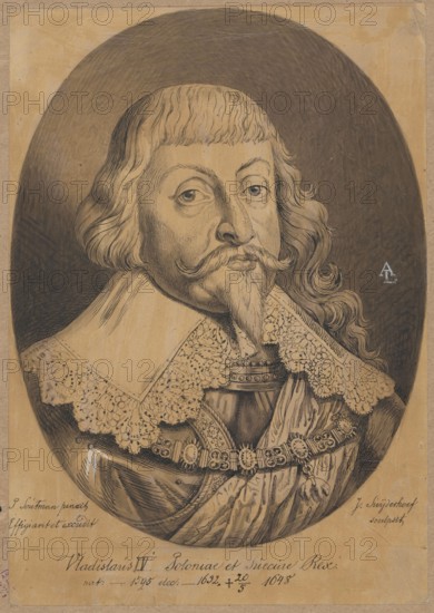 Oval portrait of King Sigismund III Vasa, after the engraving Vladislaus IV Poloniae et Sueciae Rex Serenissimus et Potentissimus by Pieter Soutman and Jonas Suyderhoef from 1644. Makers: Jonas Suyderhoef ca. 1613–1686 engraver, co-creator of the original, Pieter Claesz. Soutman ca. 1580–1657 draughtsman, co-creator of the original, Alexander Lesser 1814–1884 draughtsman/author. Subject: Wladyslaw IV Vasa King of Poland; 1595–1648 — iconography, portrait of a ruler, male portrait, copy from an engraving. Medium and support: drawing on tracing paper glued across its entire surface to paper of similar dimensions, which is glued with its upper edge to cardboard. Date range: 1830–1884. Technique/type: drawing, tracing. Dimensions: cardboard height 28.8 cm, width 20.3 cm; overall cardboard: height 34.4 cm, width 24.8 cm. Place of origin: unknown., A sepia-toned portrait drawing of a man shown from the chest up within an oval frame, featuring light tan, brown, and dark brown shading; he has ...