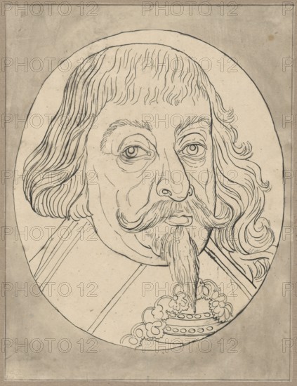 Oval portrait of Wladyslaw IV Vasa, after an engraving by Jonas Suyderhoef ca. 1613–1686, probably the author of the original. Drawing on tracing paper glued across the entire surface to paper of similar dimensions, which is glued with the upper edge to cardboard. Medium: drawing, tracing. Date: 1830–1884. Subject: Wladyslaw IV Vasa King of Poland; 1595–1648. Genre: male portrait, portrait of a ruler; European graphic art; copies from engravings; 17th-century iconography. Dimensions: tracing/card — height 8.8 cm, width 14.3 cm; cardboard — height 35.7 cm, width 25.8 cm. Unknown place of origin., A line drawing portrait of a person shown inside an oval frame, with visible beige paper background and darker beige border. The face has long wavy hair, a mustache, and a pointed beard, all rendered with fine black lines. The eyes appear detailed with defined lids and brows, and the nose and lips are outlined. The clothing shows a collar and decorative elements near the neck drawn with floral-...
