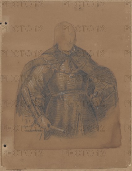 Portrait of John Casimir in armor, half-length; verso: sketches of a hand holding a shaft. Jan Kazimierz King of Poland; 1609–1672 — iconography; portraits of rulers; male portrait; sketches; portraits; hands. Drawing on cardboard glued by the side edge to another cardboard. Drawing, 1830–1884. Height 29.8 cm, width 23.2 cm; cardboard: height 34.6 cm, width 25.2 cm. Creator: Lesser, Aleksander 1814–1884 draughtsman., A roughly sketched portrait of a person wearing ornate, textured clothing and a heavy cloak, drawn on brown paper with visible pencil and charcoal strokes; the figure has shoulder-length hair and a neutral expression, with one hand resting on the hip and the other holding a cylindrical object near a table edge where a rounded item sits; tones in the image include brown of the paper, dark gray and black of the sketch lines, and lighter gray highlights.