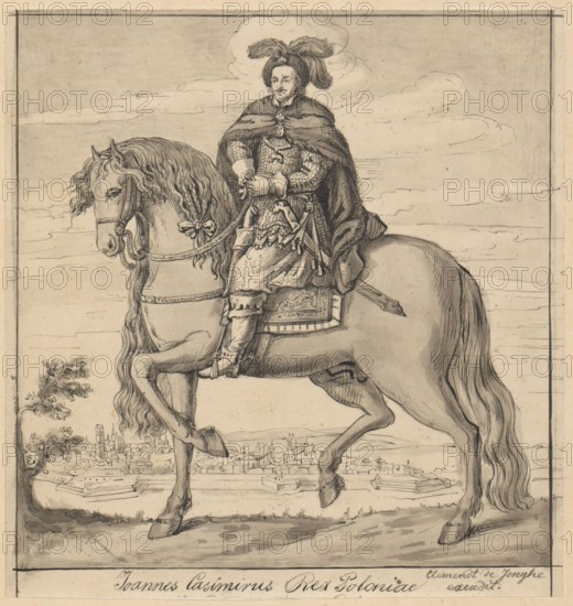 Portrait of John Casimir in armor and on horseback after an engraving by Clement de Jonghe; drawing on tracing paper glued across the entire surface to paper of similar dimensions, which is glued with the upper edge to cardboard. Maker: Lesser, Alexander 1814–1884 draughtsman; original engraving by Jonghe, Clement de 1624/1625–1679 engraver. Subject: John Casimir King of Poland; 1609–1672 — equestrian portrait, male portrait, portrait of a ruler; 17th-century iconography, copy from an engraving; Dutch graphic-art influence. Medium/type: drawing, tracing; card: 17.6 × 16.8 cm; cardboard: 35.7 × 26.0 cm. Date: 1830–1884., A monochrome drawing shows a man in ornate armor and a flowing cape seated on a large horse; the man wears a feathered hat and holds the reins with both hands, and his expression is neutral. The horse has a long mane and tail, a decorative bridle and saddle, and one front leg raised in a prancing pose. The scene includes a distant townscape with clustered buildings and ...