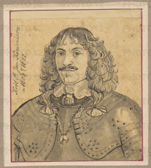 Portrait of John Casimir in armor, drawn by Alexander Lesser 1814–1884; subject: John Casimir King of Poland, 1609–1672 — male portrait, portrait of a ruler; 17th-century iconography; drawing on tracing paper glued across the entire surface onto paper of similar dimensions, which is glued with the upper edge onto cardboard; tracing; card: height 12.7 cm, width 11.3 cm; cardboard: height 35.7 cm, width 25.8 cm; date: 1830–1884., A drawn portrait of a man shown from the chest up against a beige background, with long curly hair and a mustache and small goatee, wearing ornate armor with decorative shoulder pieces and a textured collar, a chain with a pendant around his neck, and tied ribbons on his shoulders; the drawing is rendered in black ink and gray wash on aged paper with a thin pinkish border and an outer off-white border, showing tones of beige, brown, gray, black, pink, and off-white.