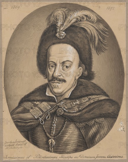 Oval portrait of John Casimir after an engraving by Jacobus Sandrart; drawing on tracing paper glued across the entire surface to paper of similar dimensions, which is glued with the upper edge to cardboard; tracing and drawing by Aleksander Lesser, 1855; subject: John Casimir King of Poland, 1609–1672 — copies from engravings, portrait of a ruler; medium: tracing on paper mounted on cardboard; dimensions: tracing/paper height 26.5 cm, width 20.6 cm; cardboard height 35.6 cm, width 25.8 cm; 19th-century German graphic art after a 17th-century engraving., A sepia-toned portrait of a man shown from the chest up inside an oval frame, wearing a dark fur hat adorned with large light-colored feathers and a decorative brooch, with dark wavy hair visible beneath the hat; his face shows a mustache and a short beard, light skin tones, and a neutral expression with slightly raised eyebrows and direct gaze; he wears a dark fur-trimmed cloak over patterned clothing, with a decorative collar and a c...