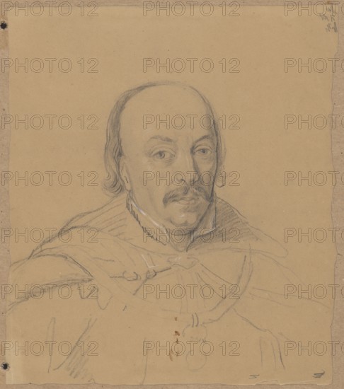 Portrait of Jan Kazimierz; draughtsman: Aleksander Lesser 1814–1884; subject: Jan Kazimierz King of Poland, 1609–1672 — male portrait of a ruler; also associated draughtsman Emilian Lesser 1848–1912. Drawing glued with the upper edge to cardboard; medium: drawing/sketch; date range: 1830–1884; dimensions: drawing 24.3 × 20.9 cm, cardboard 34.2 × 25.9 cm., A portrait drawing of a middle-aged man shown from the chest up on a tan paper background, executed in pencil and white highlights; he has a high forehead with thinning dark hair at the sides, a mustache, and a neutral expression with slightly downturned eyes and subtle shadowing around the cheeks and neck; he wears a cloak or cape with a high collar and a decorative cord or chain across the chest, suggested with light sketch lines; the paper shows uneven edges and small dark spots near the borders, and the visible colors are tan, gray, black, and white.