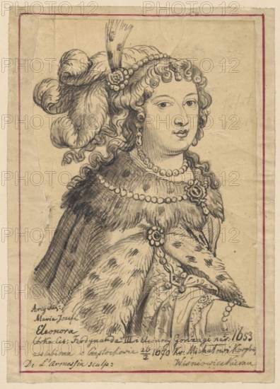 Portrait of Eleonora Maria Josepha after an engraving by Nicolas de Larmessin, Larmessin, Nicolas III ca. 1640–1725 author of the original, Lesser, Aleksander 1814–1884 graphic artist, author. Eleonora Maria Josepha of Austria Queen of Poland; 1653–1697 — iconography, personages, queens, portraits, female portraits, copies, 17th century, French graphic art, copies from engravings. Drawing on tracing paper glued across the entire surface to paper of similar dimensions, which is glued with the upper edge to cardboard. 1830–1884. Unknown place of origin. Drawing, tracing. Card: height 16.1 cm, width 11.4 cm; Cardboard: height 34.9 cm, width 25.3 cm., A drawn portrait of a woman shown from the chest up wearing elaborate clothing and accessories, rendered in black ink on aged beige paper with a thin red border near the edges; she has curled hair adorned with a beaded headband and a tall feather, a pair of drop earrings, and a beaded necklace, and her expression is neutral with eyes looking ...