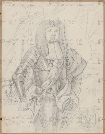 Portrait of Michal Korybut Wisniowiecki in armor; drawing glued to cardboard with the upper edge. Subject: Michal Korybut Wisniowiecki king of Poland; 1640–1673 — iconography of a ruler; male portrait, 17th-century subject rendered in a 19th-century drawing. Maker: Aleksander Lesser 1814–1884 draughtsman/author. Related persons: Emilian Lesser 1848–1912, Wiktor Stanislaw Zygmunt Lesser baron; 1853–1935 names retained as associated persons. Date: 1830–1884 creation period; medium: drawing/sketch; dimensions: drawing 26.9 × 20.8 cm; cardboard 34.2 × 25.1 cm., A pencil drawing of a person standing in a three-quarter pose wearing ornate armor and a long, curly wig, with one hand resting on a hip and the other near a draped cloth; the armor includes a detailed pauldron and vambrace on one arm and decorative elements on the chest, and the clothing beneath shows layered fabric and a sash tied at the waist. The face has a neutral expression with shaded eyes and lips, framed by the voluminous h...