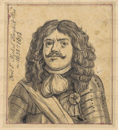 Portrait of Michal Korybut Wisniowiecki; draughtsman: Aleksander Lesser 1814–1884; subject: Michal Korybut Wisniowiecki King of Poland, 1640–1673 — iconography: portrait of a ruler. Medium: drawing on tracing paper glued across its entire surface onto paper of similar dimensions, which is glued with its upper edge onto cardboard. Date: 1830–1884. Type: drawing, tracing . Dimensions: drawing 11.1 × 9.6 cm; support 11.8 × 10.4 cm; cardboard 34.9 × 25.2 cm. Makers/attributions also list Emilian Lesser 1848–1912., A sepia-toned drawing of a person shown from the chest up wearing armor and a large cloth tied at the neck, with long wavy hair and a curled mustache, a sash across the chest, a decorative rosette on the armor, and a narrow framed border around the image in muted beige, brown, gray, and a hint of faded red.