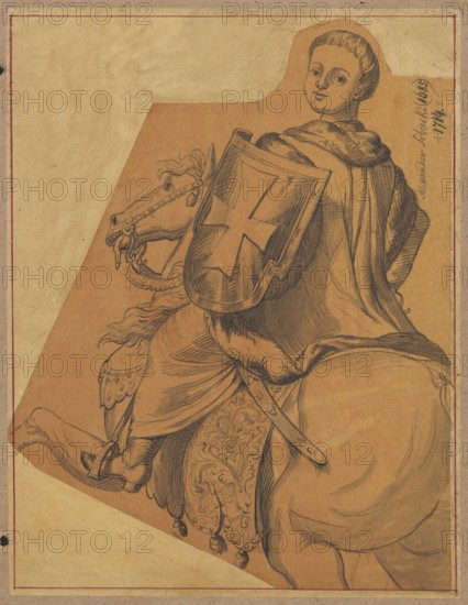 Portrait of Aleksander Benedykt Sobieski with a shield and on a horse, draughtsman: Aleksander Lesser 1814–1884. Subject: Sobieski, Aleksander Benedykt Polish prince; 1677–1714 — equestrian portrait; male portrait; iconography: Sobiesciana. Medium and support: drawing on tracing paper, glued over rectangular paper which is glued by its upper edge to brown cardboard. Dimensions: drawing card: height 27.1 cm, width 20.8 cm; cardboard: height 34.7 cm, width 24.6 cm. Date: 1830–1884. Unknown place of origin., An ink drawing on tan paper showing a person seated on a horse, viewed from behind and slightly turned so the face is visible; the person wears a cloak with fur trim and a draped garment in shades of brown and tan, and holds a shield with a cross-like shape outlined in darker ink, while a strap and sword hang at the side. The horse is drawn with flowing mane and decorative tack, including a richly patterned cloth over its hindquarters rendered with detailed ink lines and shading. The ...