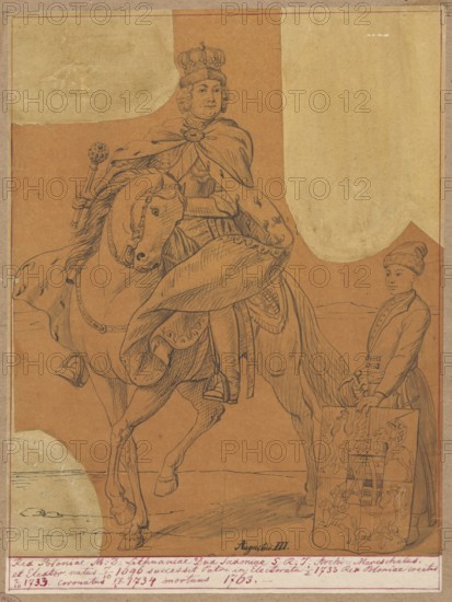 Portrait of Augustus III of Saxony in coronation robes on horseback; drawing tracing? on tracing paper glued over rectangular paper, the upper edge glued onto brown cardboard; irregular dimensions: drawing/card: 25.6 × 19.1 cm, cardboard: 34.5 × 25.0 cm; date: 1830–1884; maker: Aleksander Lesser 1814–1884 draughtsman; subject: Augustus III of Saxony King of Poland; Elector of Saxony; 1696–1763; iconography: equestrian portrait, coronation robes, regalia; style/period: 18th-century ruler portrait depiction; inscriptions/notes: unknown place of origin., A sepia-toned drawing shows a crowned figure wearing a cloak and holding a scepter while seated on a horse, the horse detailed with a bridle and decorative harness; to the right stands a person wearing a tall hat and long coat, hands resting on a large shield that displays ornate heraldic imagery; the scene is framed by a thin border with areas of lighter, off-white patches at the top and lower left, and the overall palette includes shade...