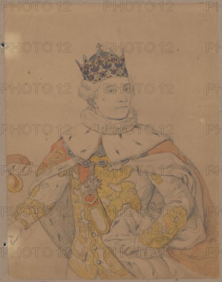 Portrait of Stanislaw August Poniatowski in coronation robes after a painting formerly located in the Warsaw Town Hall; drawing on cardboard glued by the upper edge to another cardboard; drawing; height 30.1 cm, width 23.2 cm; cardboard: height 35.6 cm, width 25.8 cm; 1830–1884; subject: Stanislaw August Poniatowski King of Poland, 1732–1798; portrait, male portrait, portrait of a ruler; copy after a painting; maker: Aleksander Lesser 1814–1884 draughtsman; unknown co-author., A portrait drawing of a person wearing a jeweled crown and an ornate robe, rendered on tan paper; the crown shows colors including gold, red, blue, and green, and the robe and garments display shades of yellow, orange, red, white, and gray with decorative patterns and fur trim; the figure has a pale complexion and light hair, a calm facial expression, and is posed with one hand resting near the waist and the other extending outward; the background is the same tan paper with a few small darker spots and slight edg...