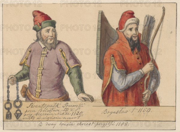 Pomeranian Dukes Swietopelk and Boguslaw, according to the genealogy of the Pomeranian Dukes, painted around 1593. Drawing glued across the entire surface onto a slightly larger cardboard, which is glued with its upper edge onto the cardboard. 1854, Berlin. Drawing, watercolor, tracing. Drawing: height 11.7 cm, width 17.3 cm; backing: height 12.6 cm, width 17.3 cm; cardboard: height 35.8 cm, width 25.9 cm. Subjects: princes, portraits, male portraits; style: German painting; copies from paintings. Iconography: Swietopelk Duke of Pomerania; ante 1106–non post 1121 and Boguslaw duke of Pomerania; 12th century. Maker: Alexander Lesser 1814–1884 draughtsman., A watercolor image of two bearded men shown from the waist up wearing medieval-style clothing and hats, one on the left wearing a reddish hat with a green band, a purple tunic with yellow trim and green sleeves, holding a chain with two metal rings and geometric weights, and one on the right wearing a red hat with white trim and a red...