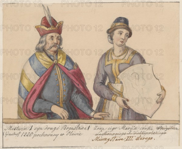 Mestwin I, Duke of Pomerania Msciwój I of Gdansk with his wife Zwnislawa or Maria, according to the genealogy of the Pomeranian Dukes, painted around 1593. Drawing 1854 glued across the entire surface to paper of similar dimensions, which is glued with the upper edge to cardboard. Subject: princes; male and female portraits; copies from paintings; 13th century iconography of Msciwój I of Gdansk ?–non ante 1220 and Zwnislawa ?–1st half of the 13th century. Style: German painting/copy after a painting. Drawing: height 11.6 cm, width 16.8 cm; backing: height 13.8 cm, width 16.8 cm; cardboard: height 35.7 cm, width 25.8 cm. Creator draughtsman: Alexander Lesser Aleksander Lesser 1814–1884., A watercolor drawing of two people standing behind a low wooden ledge, the person on the left wearing a red hat with white feathers, a cloak with blue, yellow, and white diagonal stripes, a red mantle draped over a dark blue outfit with gold buttons, and a grayish mustache and hair; the person on the ri...