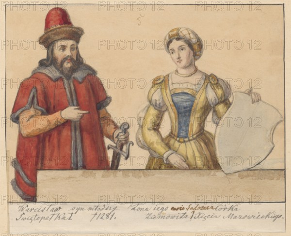 The Pomeranian Duke Warcislaw II of Gdansk with his wife Salomea, according to the genealogy of the Pomeranian Dukes, painted around 1593. Drawing, 1854. Subject: Warcislaw II of Gdansk ca. 1237–1271 and Salomea daughter of Ziemowit, Duke of Masovia. Copy from a painting; portraits, princes, German painting, 12th century iconographic reference. Drawing glued across the entire surface onto paper of similar dimensions, which is glued with the upper edge onto cardboard. Dimensions: drawing height 11.8 cm, width 16.5 cm; backing height 13.4 cm, width 16.5 cm; cardboard height 35.8 cm, width 25.8 cm. Creator draughtsman: Alexander Lesser Aleksander Lesser 1814–1884., A watercolor illustration shows a bearded man and a woman standing behind a low wall. The man wears a red cloak with gray fur trim, a red hat with a brown fur band, and holds a sword while pointing with his other hand; his hair and beard are dark brown and his skin is light. The woman wears a yellow gown with puffed sleeves and...