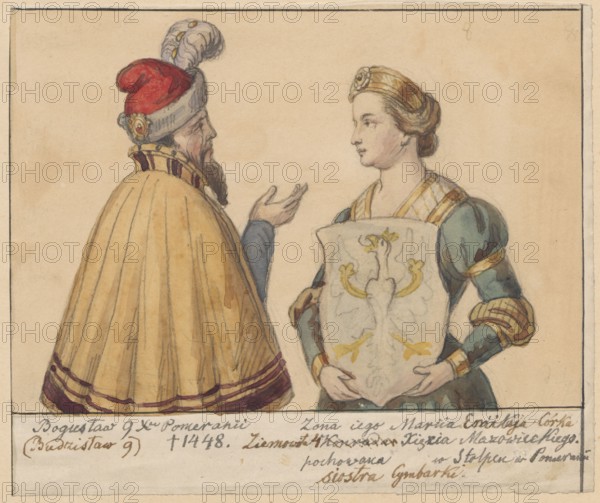 Boguslaw IX and his wife Maria Emilia of Masovia with a coat of arms, half-length portraits, according to the genealogy of the Pomeranian Dukes, painted around 1593. Drawing glued with the entire surface onto paper of similar dimensions, which is glued with the upper edge onto cardboard. 1854, Berlin. Drawing, watercolor. Drawing: height 11.6 cm, width 16.8 cm; backing: height 14.1 cm, width 16.8 cm; cardboard: height 35.8 cm, width 25.9 cm. Subjects: Boguslaw IX Duke of Stargard and Slupsk; ca. 1405–1446 — iconography; Maria of Masovia Duchess of Masovia, Duchess of Slupsk and Stargard; b. between 1408 and 1415–1454 — iconography. Style: German painting; 15th-century portraits copies. Maker: Lesser, Aleksander 1814–1884 draughtsman., A man and a woman face each other against a light beige background. The man is shown in profile from behind, wearing a red hat with a white plume and a golden circular ornament, a long brown beard, a high collar with dark vertical stripes, and a long gold...