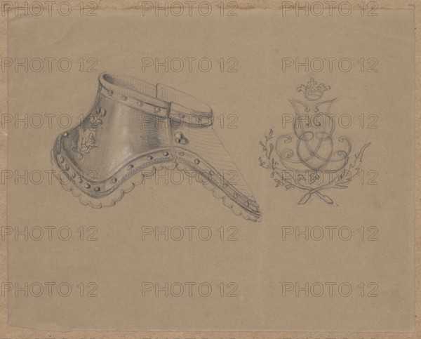 Collarbone from the armor of Jan Klemens Branicki Grand Hetman of the Crown; 1689–1771, drawing of knightly armor clavicle, 18th century; draughtsman Aleksander Lesser 1814–1884 author; also associated names: Emilian Lesser 1848–1912, Wiktor Stanislaw Zygmunt Lesser baron; 1853–1935. Drawing glued with the upper edge to brown cardboard. Date: 1830–1884. Medium: drawing, sketch. Drawing: height 14.9 cm, width 18.8 cm; cardboard: height 34.8 cm, width 25.1 cm., A detailed pencil drawing on a tan background shows a decorative collar-like object with scalloped lower edge, rivets along a curved band, and ornamental floral motifs, rendered with shading and highlights; to the right of it is a flowing, symmetrical scrollwork emblem topped with a small crown and surrounded by leafy laurel-like branches; the visible colors are tan from the paper and gray from the pencil marks.