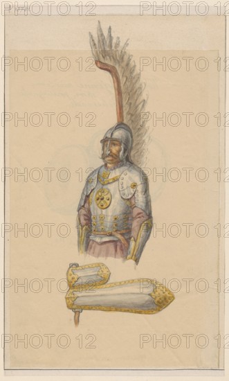 17th-century hussar armor; verso: copper war cauldrons covered with leather; hussars, militaria, Pidhirtsi Ukraine, craft, Castle Pidhirtsi knights' collection, armor, cauldrons musical instruments, war cauldrons, knights' armor; Drawing on paper, glued with the side edge onto a cardboard of similar dimensions, which is glued with the upper edge on a second cardboard; drawing, 1830–1884; drawing: height 19.4 cm, width 12.9 cm; card: height 22.6 cm, width 13.5 cm; cardboard: height 35.8 cm, width 25.9 cm., A watercolor and pencil illustration of a person wearing ornate armor with a helmet and a tall feathered plume extending upward behind them, showing a mustached face and visible shoulders and torso; the armor is predominantly silver-gray with gold decorative elements and accents, and the clothing beneath appears in muted reddish-brown and beige tones; below the figure are a few separate pieces of armor rendered in silver-gray with gold trim and rivets; the background is a pale beige p...