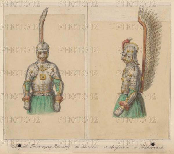 Armours of the Hussar Companions Preserved in the Pidhirtsi Armoury - front and side views; Aleksander Lesser 1814–1884, illustrator; hussars; militaria; craft; Pidhirtsi Podhorce, Castle; knights' armour; Drawings glued over entire surface onto paper, paper glued by upper edge onto cardboard; drawing on card, 1830–1884; drawing: 22.6 × 27.3 cm; cardboard: 25.9 × 35.8 cm., The image shows a split composition with two hand-colored drawings of an armored cavalryman wearing a helmet with a tall feathered plume and ornate plate armor, seen frontally on the left and in profile on the right; the figure wears a green skirt-like garment and padded red-brown gloves, and a tall vertical wooden shaft with many feathers is attached to the back in the profile view; the armor is rendered in shades of gray and metallic tones with gold accents, and the background is a warm beige paper with faint border lines.