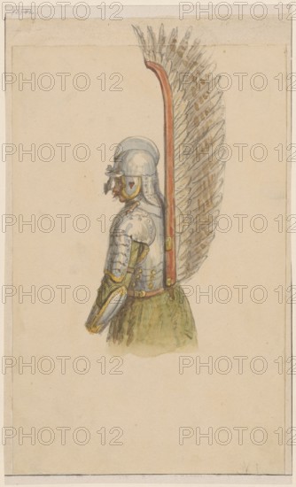 17th-century hussar armor; drawing on paper, glued across the entire surface to a cardboard of similar dimensions, which was glued with its upper edge to a second cardboard; drawing; card: height 22.6 cm, width 13.7 cm; cardboard: height 35.8 cm, width 25.9 cm; subject: hussars, militaria, knights' armor; maker/author: Lesser, Aleksander 1814–1884 draughtsman; date: 1830–1884; place of origin: Pidhirtsi Ukraine., A side view of a person wearing metal armor and a rounded helmet, shown from the waist up, with a plume of long feathers attached to a curved wooden frame rising behind them; the armor is rendered in shades of gray and pale blue with golden yellow trim and accents, the feathers are pale beige and light brown with darker brown markings, the wooden frame is reddish-brown, and the lower garment visible beneath the armor is a muted green; the background is a pale cream paper.