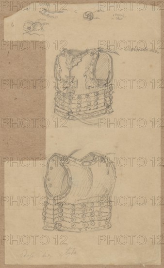 Hussar cavalry captain's armor, front and back view; drawn by Aleksander Lesser 1814–1884; pen/ink and wash on paper, glued at the upper edge to brown cardboard; drawing height 21.3 cm, width 12.8 cm; cardboard height 34.7 cm, width 24.8 cm; dated 1830–1884; depiction includes hussar militaria and knightly armor., A tall vertical sheet of aged beige paper with a darker brown textured border on the left side contains two pencil sketches of decorative chest armor one above the other. The upper armor drawing shows ornate curved shoulder pieces a scalloped neckline a central decorative cross-shaped emblem and layered horizontal bands with circular rivet-like details; fine pencil shading indicates contours and some small looping decorative flourishes. The lower armor sketch displays similarly shaped shoulder sections scalloped edging layered horizontal bands with circular ornamentation and a tie or strap detail at the top; pencil hatching provides shading and contouring. In the top left cor...
