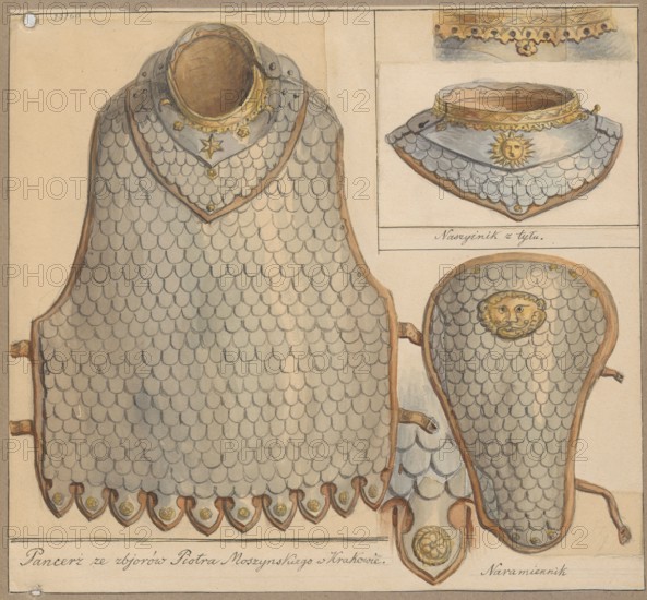 Armour, necklace and shoulder pad of karacena armour; drawing by Aleksander Lesser 1814–1884. Inscribed, noted. Subject: karacenas armor, militaria — armours, breastplates, shoulder pads, knightly armours, necklace. Medium: drawing on cardboard glued across the entire surface onto paper of similar dimensions, paper glued at top edge onto grey-toned cardboard. Date: 1830–1883. Dimensions: drawing height 22.5 cm, width 24.4 cm; cardboard height 35.8 cm, width 25.8 cm., A watercolor and ink illustration of a set of armor pieces on a beige paper background, showing a large rounded torso piece with overlapping silver-gray scale-like plates edged in brown, a collar area with a brown circular neck opening and small decorative gold accents, and a scalloped lower edge with brown trim and gold circular decorations; to the right a matching shoulder or arm guard with the same silver-gray scales, brown edging, and a gold medallion with a face motif near the top, plus brown leather straps; above tha...