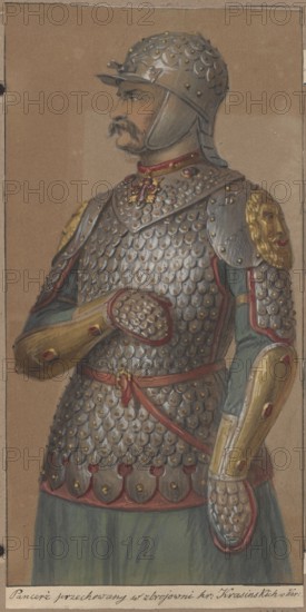 Armor stored in the Count's armory. Drawing by Aleksander Lesser 1814–1884, 1853. Graphite/ink on paper, drawing glued across the entire surface to paper of similar dimensions, which is glued with the upper edge to cardboard. Depicts militaria and knights' armor karacenae. Drawing: 27.4 cm × 14.1 cm; pad: 28.5 cm × 14.1 cm; cardboard: 35.6 cm × 50.4 cm., A profile view of a person wearing ornate armor stands against a plain tan background, showing a helmet with rounded plates and small gold studs, a mustached face with neutral expression, and a neck protected by a decorative collar. The torso and shoulders are covered in overlapping scale-like metal plates with small gold accents, and a red-trimmed band crosses the chest and waist. The arms show gold-colored vambraces and gauntlets with red detailing and scale-like patterns at the cuffs, while one arm is bent across the chest. The shoulder guards include a raised decorative face motif in gold on one side. Visible colors include silver-...