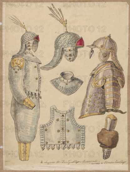 Hussar armor, karacena, breastplate, helmet. Drawing, 1830–1883. Drawn on tracing paper glued over a similar sheet, with the upper edge attached to brown cardboard. Support: 29.4 × 21.5 cm; drawing: 28.4 × 21.9 cm; cardboard: 34.9 × 24.9 cm. Karacena armour, militaria; knights' armors; crafts; inscription/notes: maker/illustrator Aleksander Lesser 1814–1884., The image shows a detailed drawing of several pieces of armor and helmets arranged on a light beige background; a full armored figure in a pale bluish-gray suit with gold accents stands on the left, wearing a helmet with a red interior lining and feathered plume and a shoulder pauldron decorated with a gold face motif, while on the right a second torso in segmented plate armor appears in muted gray and brown tones with gold trim and a heart-shaped decorative piece on the cheek guard; between them are a few separate helmets and neck guards rendered in gray with gold rivets and red interior highlights, a scalloped collar piece in pa...