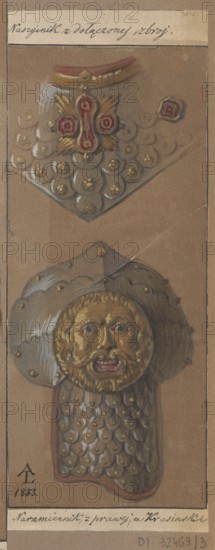 Necklace and shoulder pad made of caracal armor; drawing glued across the entire surface to paper of similar dimensions, which is glued with the upper edge to cardboard. 1853. Drawing: height 22.1 cm, width 9.7 cm; pad: height 25.0 cm, width 9.7 cm; cardboard: height 35.6 cm, width 50.4 cm. Maker: Lesser, Aleksander 1814–1884. Style/subject: militaria, armor, knightly armor, cuirasses, shoulder pads; materials: caracal armor., The image shows a vertical illustration on brown paper depicting decorative armor elements in muted tones of brown, gold, red, white, gray, and black; at the top is a curved collar piece with a central ornate emblem featuring gold wings and red accents surrounded by a pattern of rounded scales each highlighted with gold dots and white highlights; below that is a separate circular mask-like face rendered in gold with a mustache and open mouth, set against a scalloped gray helmet or crest studded with small gold dots, and beneath the face is a rectangular section o...