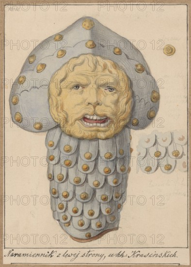 A shoulder pad made of caracal armor, drawing glued across the entire surface onto paper of similar dimensions, which is glued with the upper edge onto brown cardboard; 1853; drawing; card: height 18.8 cm, width 13.4 cm; box: height 35.6 cm, width 50.4 cm., A painted depiction of a sculpted head and neck piece showing a humanlike face with a snarling mouth and visible teeth surrounded by wavy hair in pale yellow tones, set within a large helmet-like hood and a long segmented neck covering rendered in light gray with scalloped edges; the hood and each scallop are decorated with round, raised golden discs, and there is a small separate sketch of a scalloped pattern with golden discs to the side; the background is a plain off-white paper with a thin darker border visible around the image.