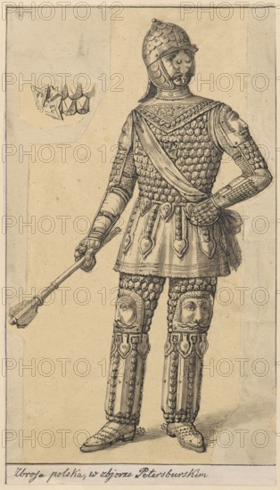 Hussar karacena armor; drawing on tracing paper glued at upper edge to cardboard; drawing on paper with similar dimensions; pen/ink, drawing, card: height 26.6 cm, width 15.0 cm; cardboard: height 35.9 cm, width 25.9 cm; dated 1830–1884; maker: Lesser, Alexander 1814–1884 author/illustrator; subject: hussars, karacenas armor, militaria, knights' armor; crafts, militaria;, A tall figure wearing ornate armor stands facing slightly to the side, depicted in shades of beige, brown, gray, and black; the armor includes a scaled helmet and chest piece, decorated pauldrons with face motifs, a sash across the torso, a skirt-like lower armor with hanging decorative tabs, and greaves featuring carved faces above articulated leg plates; the figure holds a short club or mace in one gloved hand while the other rests on the hip; the armor and clothing are rendered with detailed line work and shading, and the background is a plain aged paper tone with a few lighter patches and tape-like repairs along t...