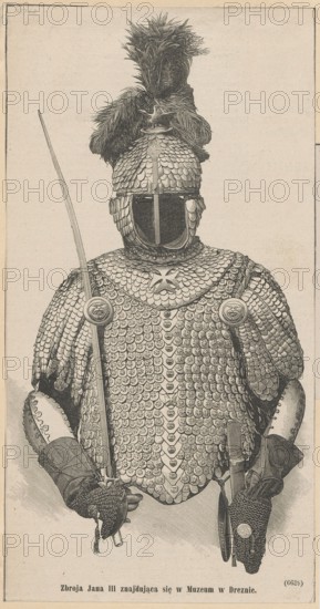 Armor of Jan III; woodcut glued across the entire surface onto paper of similar dimensions, which is glued with the upper edge onto cardboard; press illustration/graphic art; depiction of Jan III Sobieski king of Poland, 1629–1696 — knights' armor/karaceny armor, militaria; artist/engraver: Franciszek Szymanski fl. ca. 1880–1885; date range 1830–1884; polonica/sobiesciana; card: height 25.7 cm, width 13.3 cm; cardboard: height 35.8 cm, width 26.2 cm., A monochrome illustration of an ornate suit of armor displayed from the waist up, featuring a helmet topped with a large plume of feathers, layered scale-like plates covering the helmet, shoulders, and torso, and a decorative collar with a star-shaped motif. The armor includes rounded pauldrons with circular bosses, segmented arm protection, gauntleted hands holding a long, slender weapon on one side and a sheathed object on the other, and a textured surface suggesting overlapping scales and embossed details. The image shows a light backg...