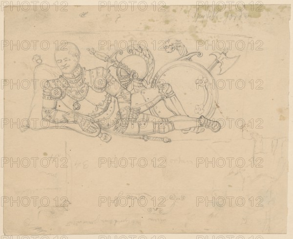 Figure of Spytek Jordan in armor from his tombstone in the Church of St. Catherine of Alexandria and St. Margaret in Kraków; verso: view of the Krakus Mound in Krzemionki near Kraków after an engraving. Spytek Wawrzyniec Jordan 1518–1568, armor; tombstone figure of a knight. Drawing on paper glued to cardboard with the side edge, tracing/drawing, 1841–1884. Drawing: height 16.8 cm, width 20.9 cm; cardboard: height 34.8 cm, width 25.2 cm. Kraków. Creator: Aleksander Lesser 1814–1884; draughtsman: Emilian Lesser 1848–1912., A pencil sketch on a beige paper showing a reclining armored figure resting on a pillow, wearing detailed plate armor with decorative circular motifs and ornamental trim, gauntlets, and greaves; the figure's head is turned slightly with short hair and a neutral facial expression. Behind and around the figure are several pieces of heraldic equipment including a large round shield with simple floral-like decorations, a helmet with a plume, and a halberd-like polearm; a ...
