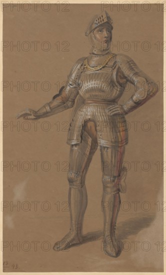 Man in Armour, Aleksander Lesser 1814–1884 draughtsman; subject: militaria/knightly armour; drawing glued to cardboard with the upper edge; 1843; medium: drawing on paper mounted on cardboard; drawing: 30.2 × 18.2 cm; cardboard: 35.9 × 26.1 cm., A standing figure wearing a full suit of armor, including a helmet with a visor, breastplate, pauldrons, gauntlets, tassets, greaves, and sabatons, posed with one hand resting on the hip and the other arm slightly extended; the armor shows highlights and shading with visible brushstrokes. The figure's face is partially visible through the open visor, showing neutral facial features and a short neck covering. The composition uses a muted brown background and paper tone, with the armor rendered in shades of gray and metallic silver with white highlights, and touches of warm brown and reddish-brown on some arm and leg areas, plus small accents of gold near the neckline; shadows beneath the feet are rendered in darker brown.