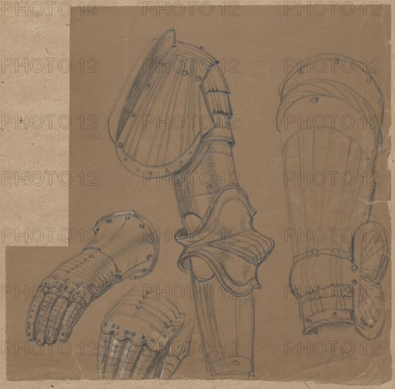 Fragments of armor from the 1st half of the 16th century; drawing by Aleksander Lesser 1814–1884;, noted; militaria, armor, knightly armor; drawing glued with the upper edge to brown cardboard; drawn between 1830–1884; medium: drawing/sketch; dimensions: drawing height 19.6 cm, width 20.1 cm; cardboard height 34.7 cm, width 25.1 cm;, A sketch of several metal armored gauntlets and forearm plates drawn on brown paper, showing a group of articulated finger pieces, rounded wrist guards, and layered segmented plates, with visible rivets and curved flanges; the drawings are rendered in dark pencil or ink lines with lighter shading and highlights, and the paper shows a warm brown-beige tone with slightly darker brown rectangles and edges.