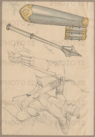 Fragments of armor and a sketch of an archer, 17th century; Aleksander Lesser 1814–1884, illustrator; sketch on paper upper edge glued to gray cardboard, drawing; 1830–1884; drawing: H 14.4 cm × W 20.9 cm; cardboard: H 25.9 cm × W 35.8 cm; subject: militaria, armor, archers, arrows, weapons, melee weapons, knights' armor., A pencil sketch on beige paper shows a reclining figure wearing textured headgear and layered clothing, the figure holding a curved bow and a quiver with arrows at the back; nearby are sketches of a long staff with a decorative flared end, a club with a spiked spherical head, and a group of elongated decorative sheath-like objects with gold-colored end caps; visible colors include beige, gray, black, and gold.